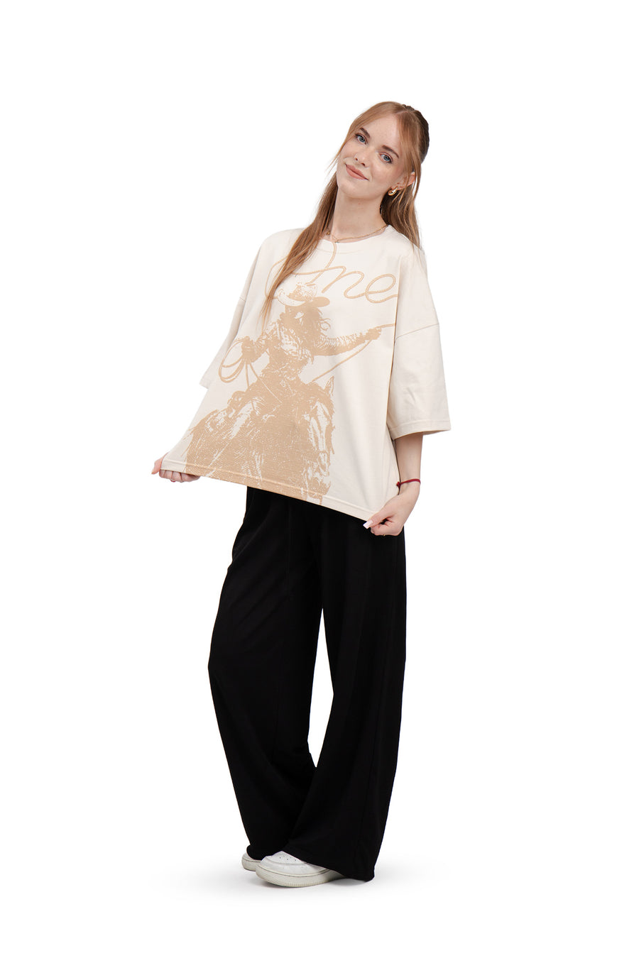 Koszulka Boxy Cropped "Lasso" Migdał