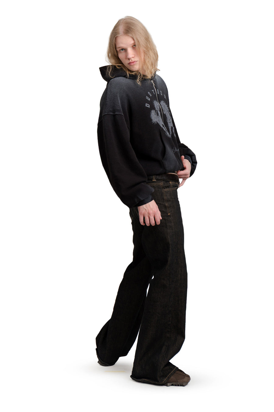 Puffy Zip Waffel Hoodie Schwarz