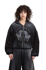 Puffy Zip Waffel Hoodie Schwarz