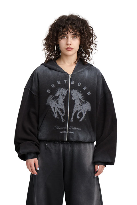 Puffy Zip Waffel Hoodie Schwarz