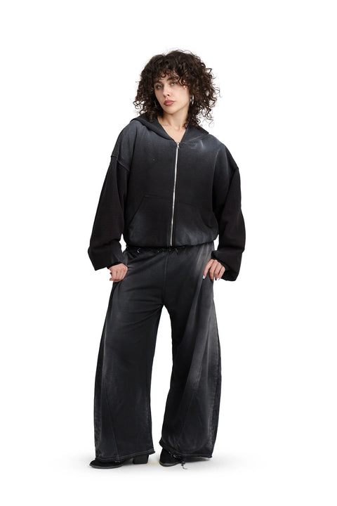 Puffy Zip Waffel Hoodie Schwarz