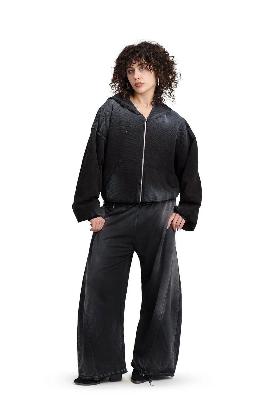 Puffy Zip Waffel Hoodie Schwarz