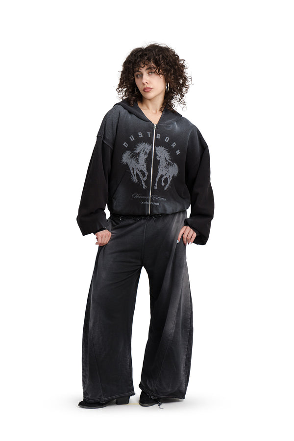 Puffy Zip Waffel Hoodie Schwarz