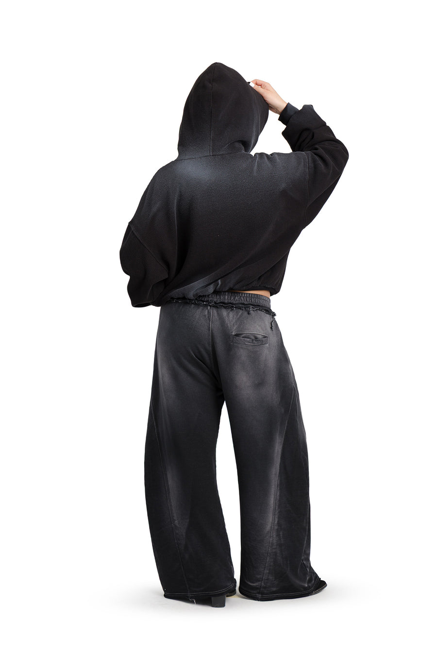 Puffy Zip Waffel Hoodie Schwarz