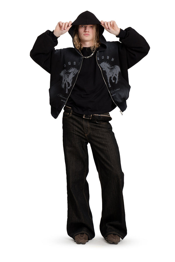 Puffy Zip Waffel Hoodie Schwarz