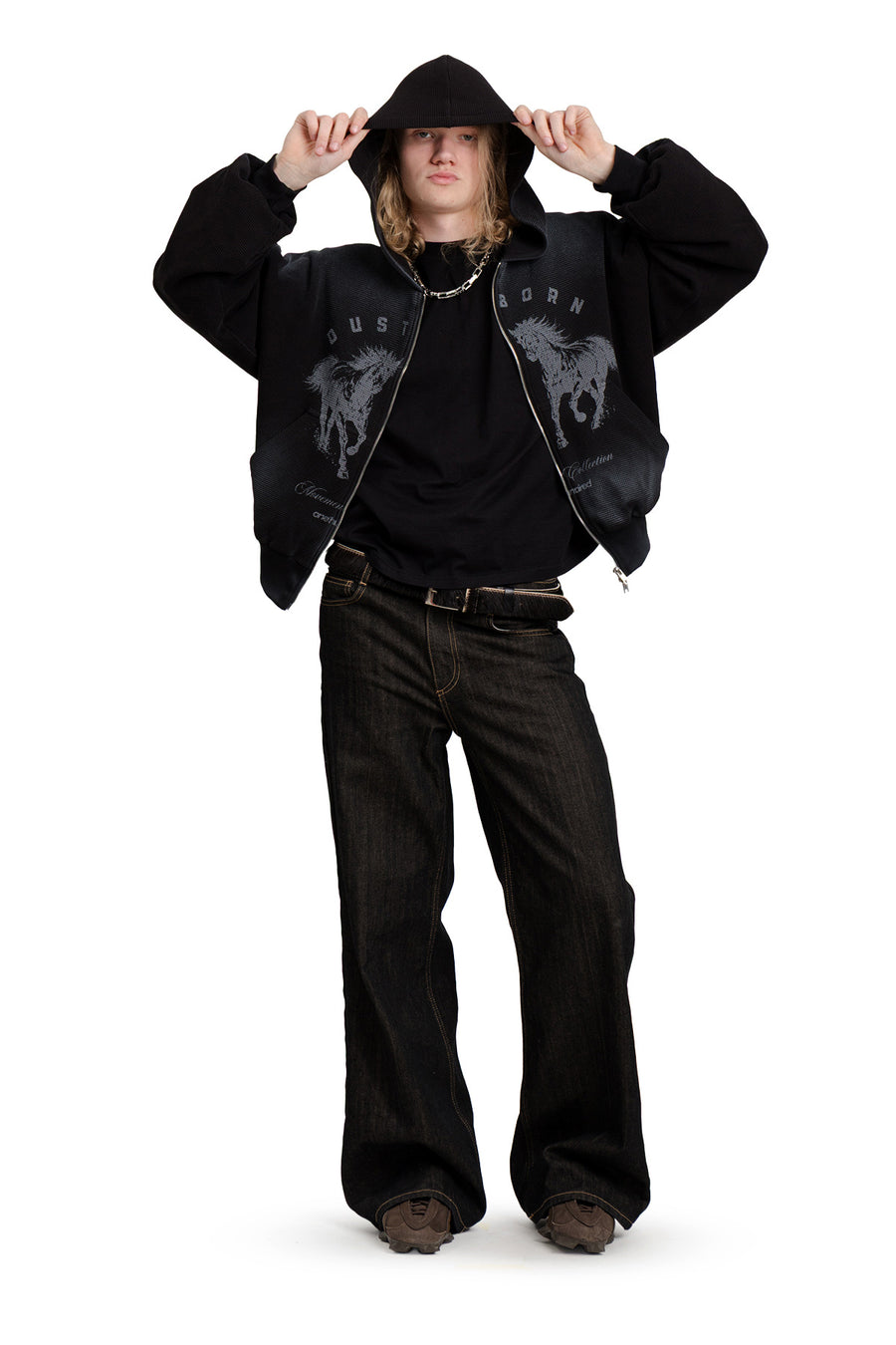 Puffy Zip Waffel Hoodie Schwarz