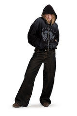 Puffy Zip Waffel Hoodie Schwarz