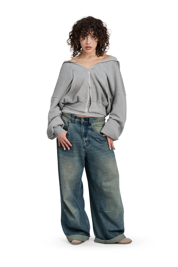 Puffy Zip Waffle Sweatshirt Grau