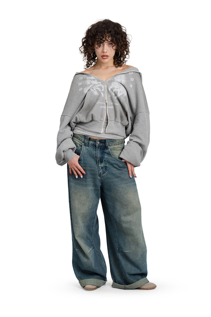 Puffy Zip Waffle Sweatshirt Grau