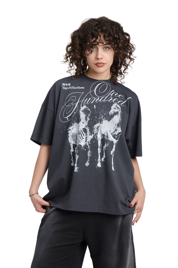 Boxy T-Shirt Twin Horses Graphit