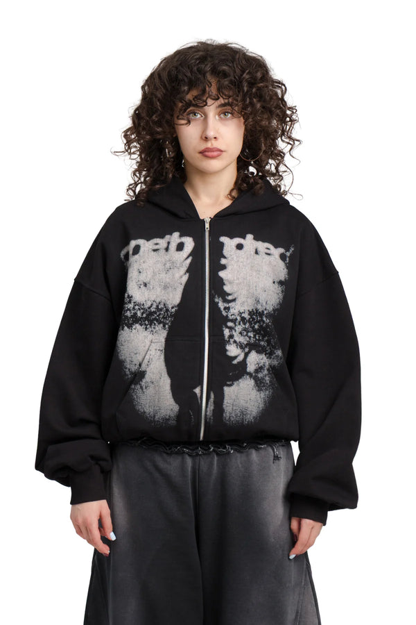 Puffy Zip Hoodie Wanted Black