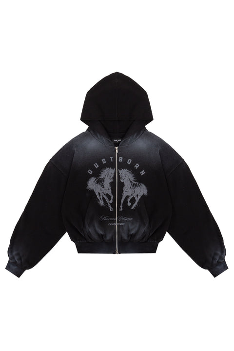 Puffy Zip Waffel Hoodie Schwarz