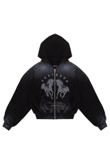 Puffy Zip Waffel Hoodie Schwarz