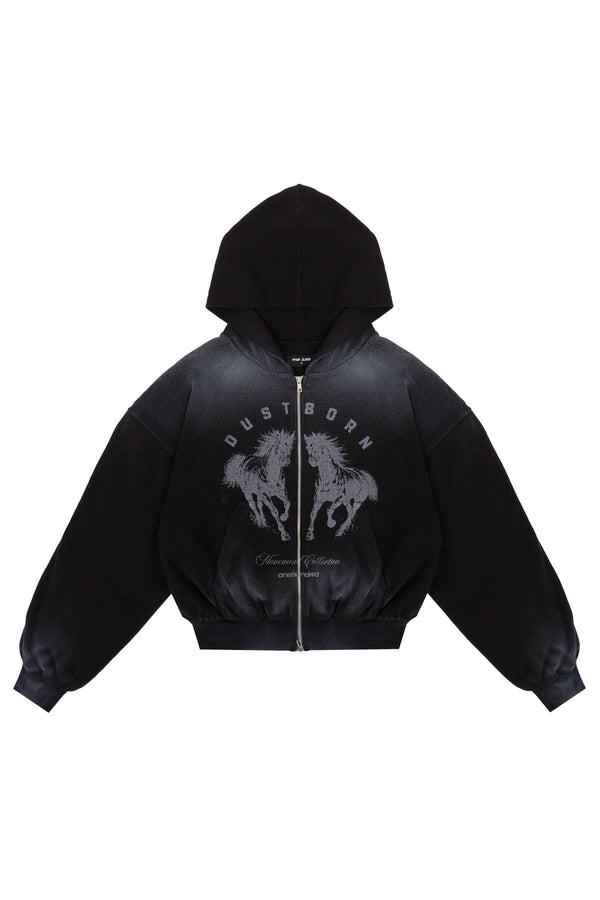 Puffy Zip Waffel Hoodie Schwarz