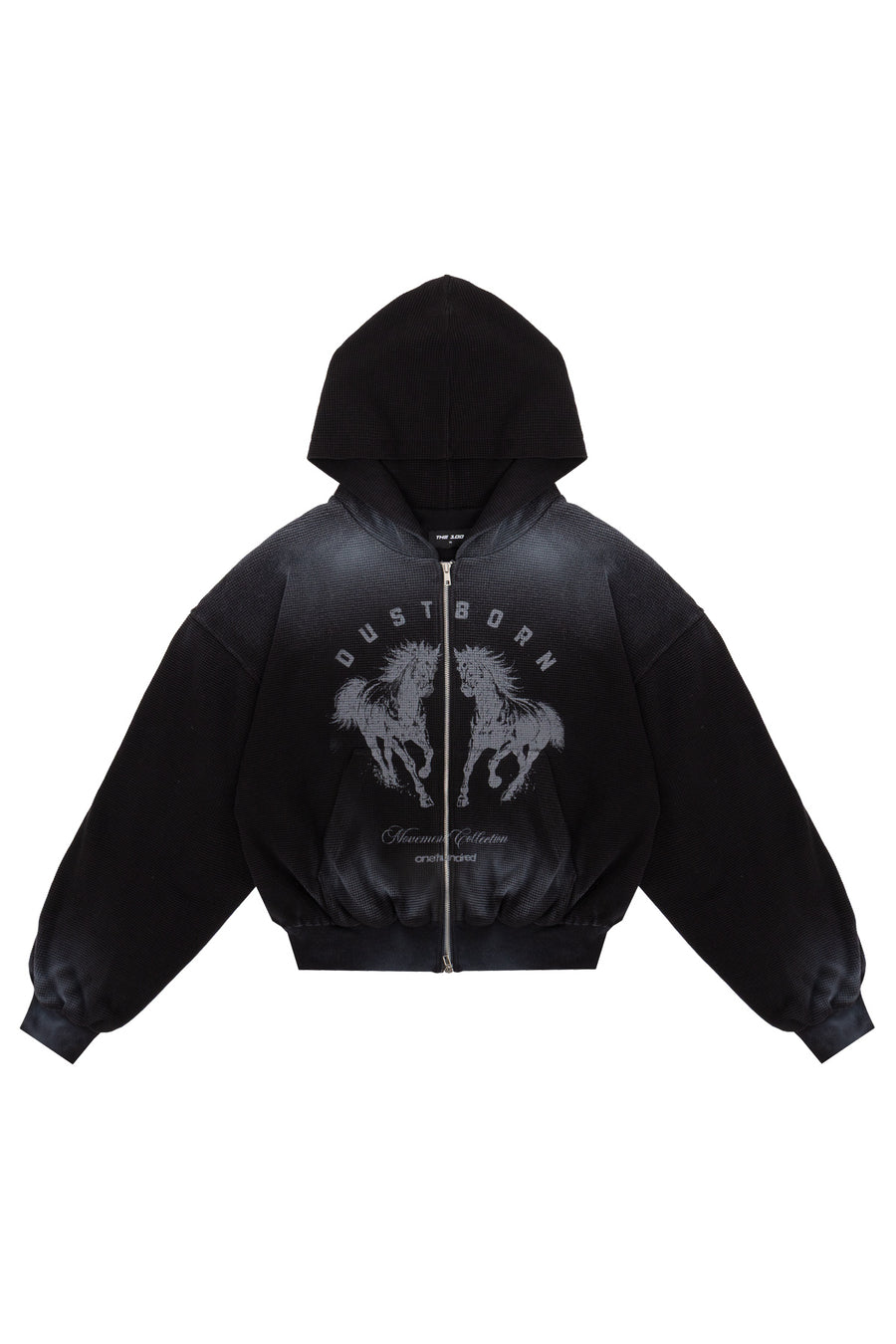Puffy Zip Waffel Hoodie Schwarz