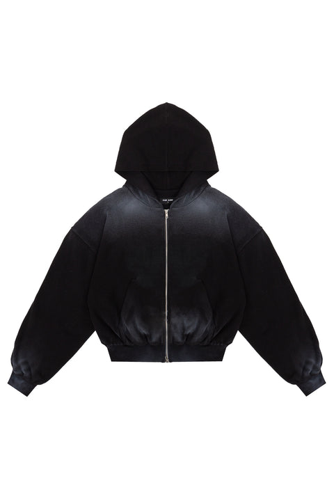 Puffy Zip Waffel Hoodie Schwarz