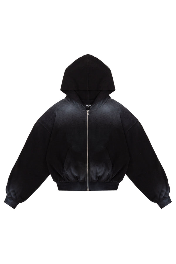 Puffy Zip Waffel Hoodie Schwarz